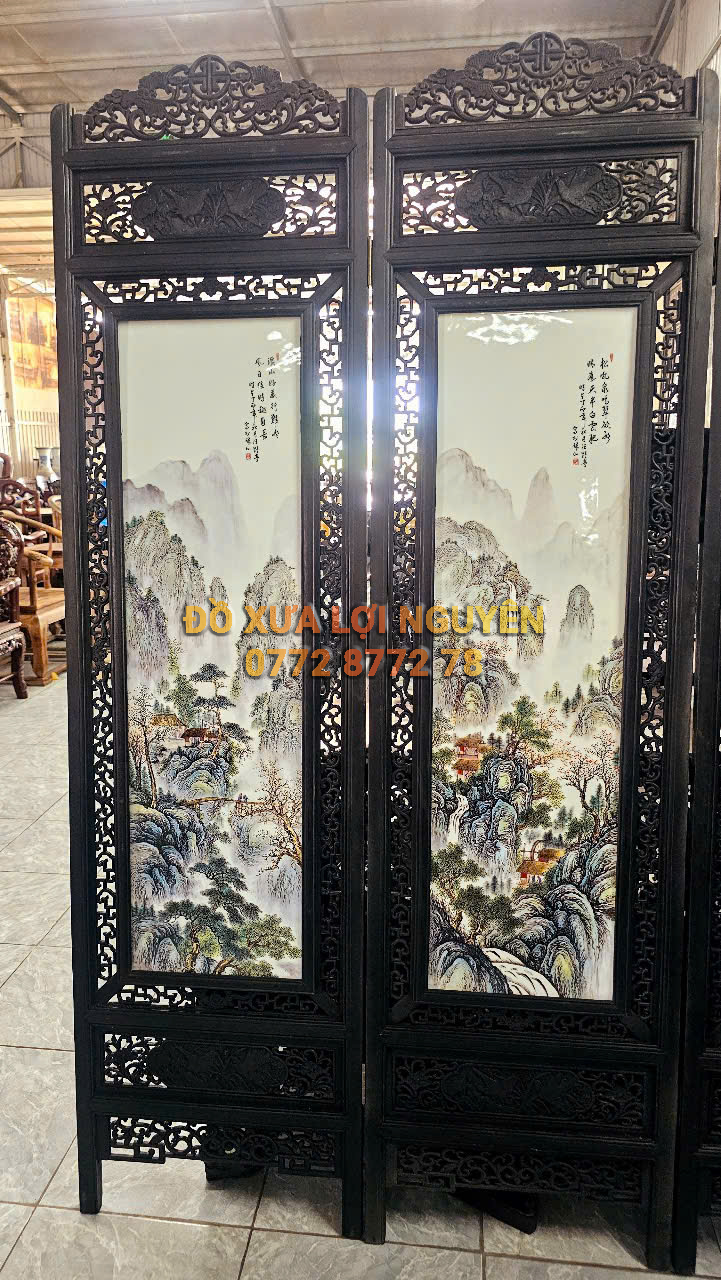 Bình phong gốm tàu xưa khung gỗ