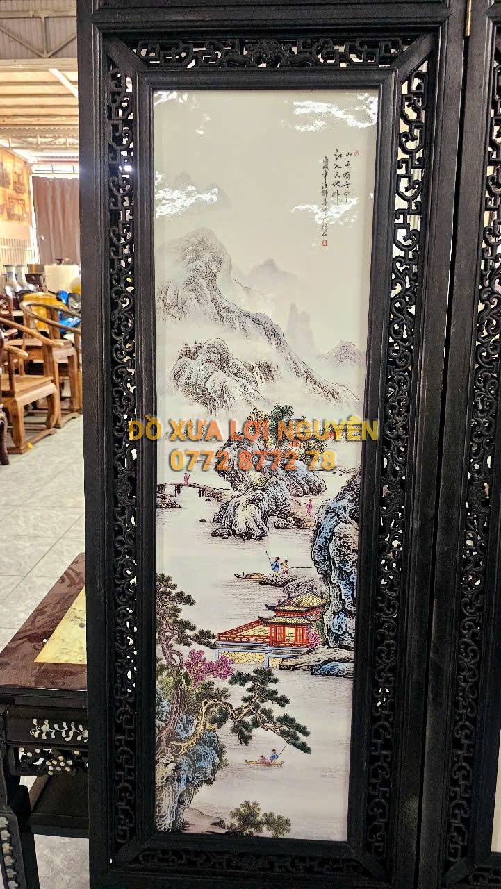 Bình phong gốm tàu xưa khung gỗ