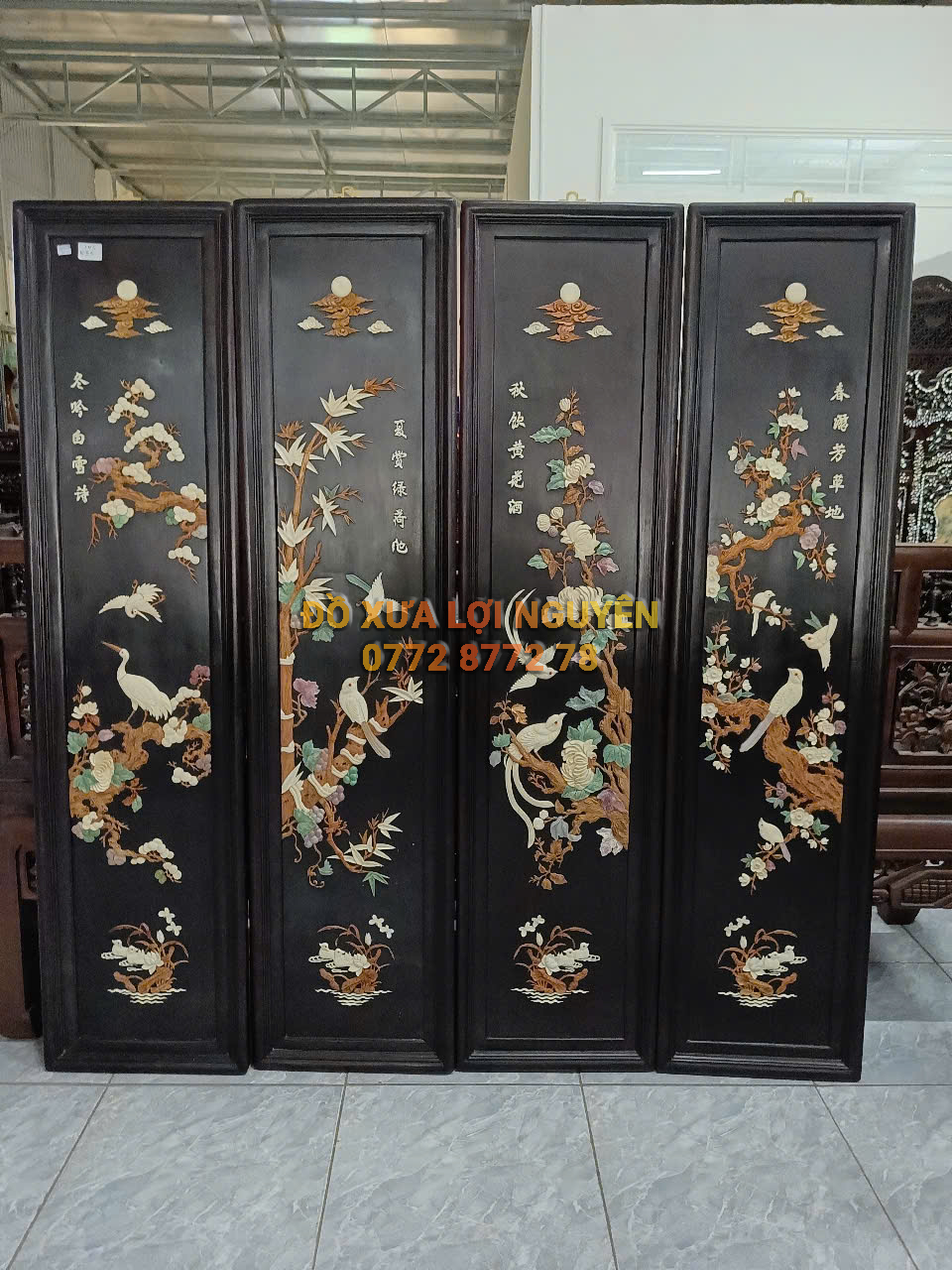 Tranh tứ quý gỗ trắc ta Vip