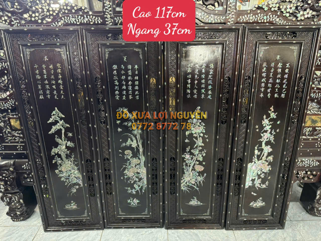 Tranh tứ quý gỗ gõ mật, cẩn ốc Singapore