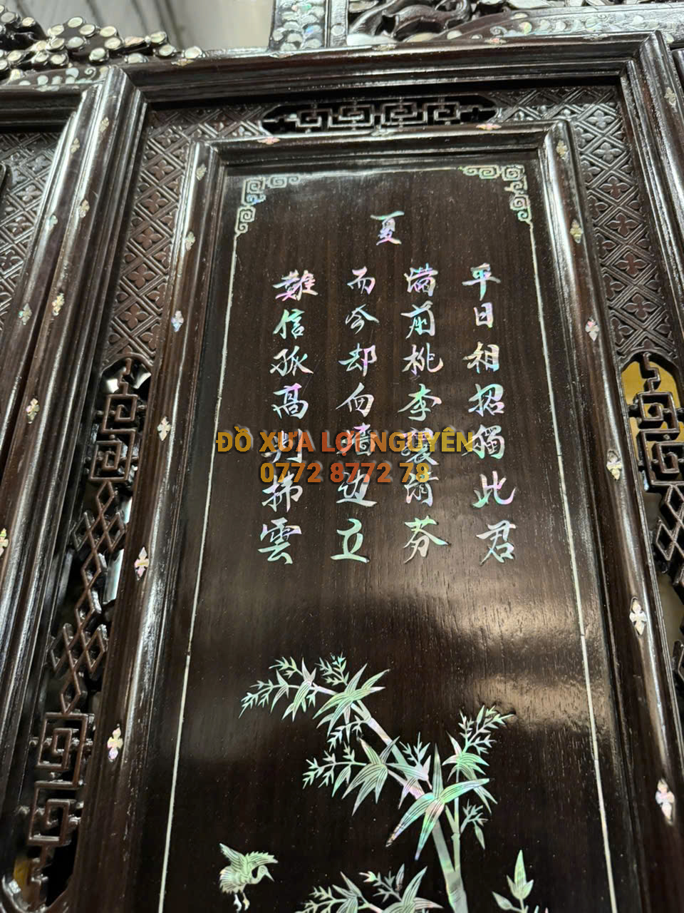 Tranh tứ quý gỗ gõ mật, cẩn ốc Singapore