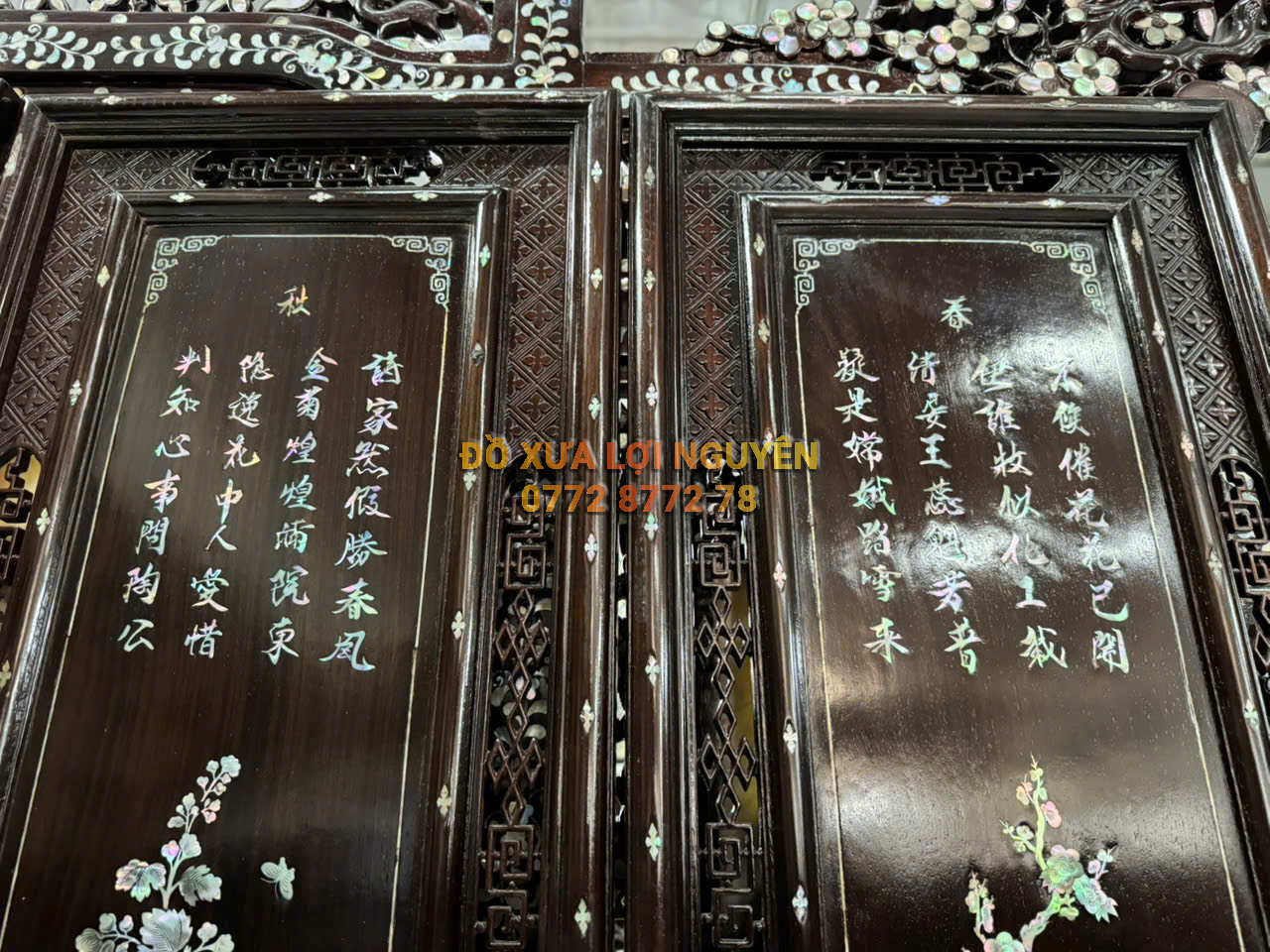 Tranh tứ quý gỗ gõ mật, cẩn ốc Singapore