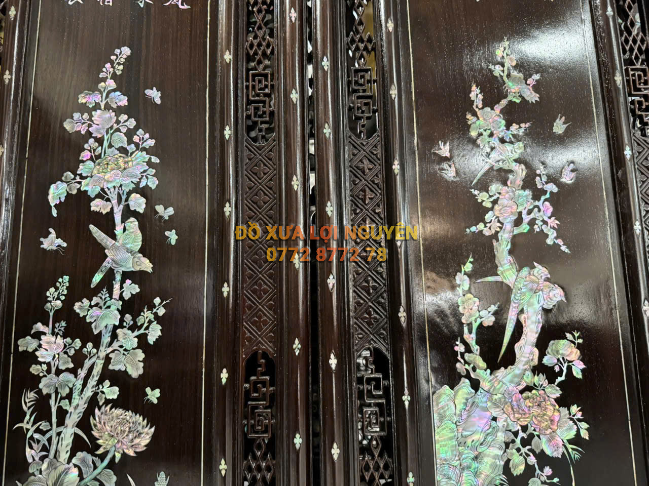 Tranh tứ quý gỗ gõ mật, cẩn ốc Singapore