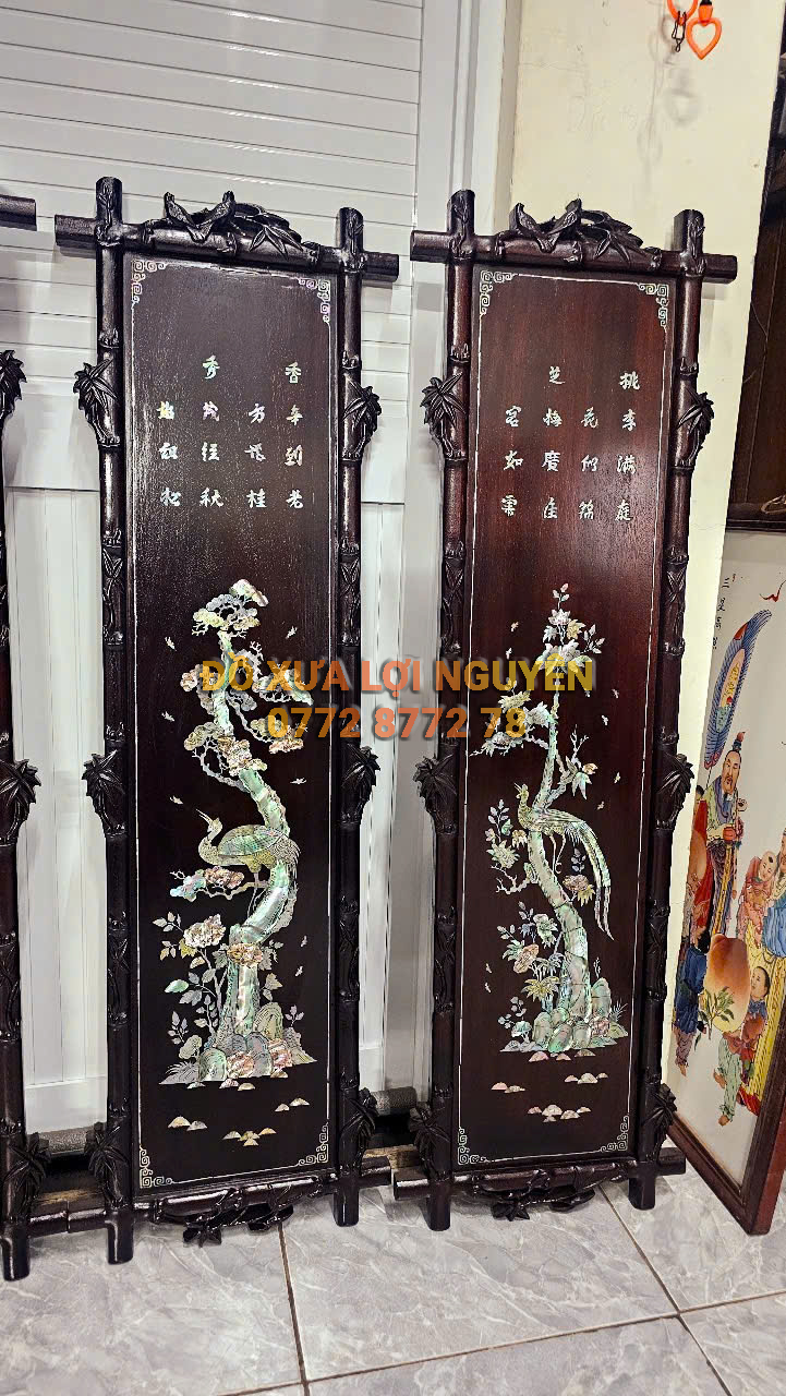 Tranh tứ quý cẩn ốc Singapore, gỗ gõ mật