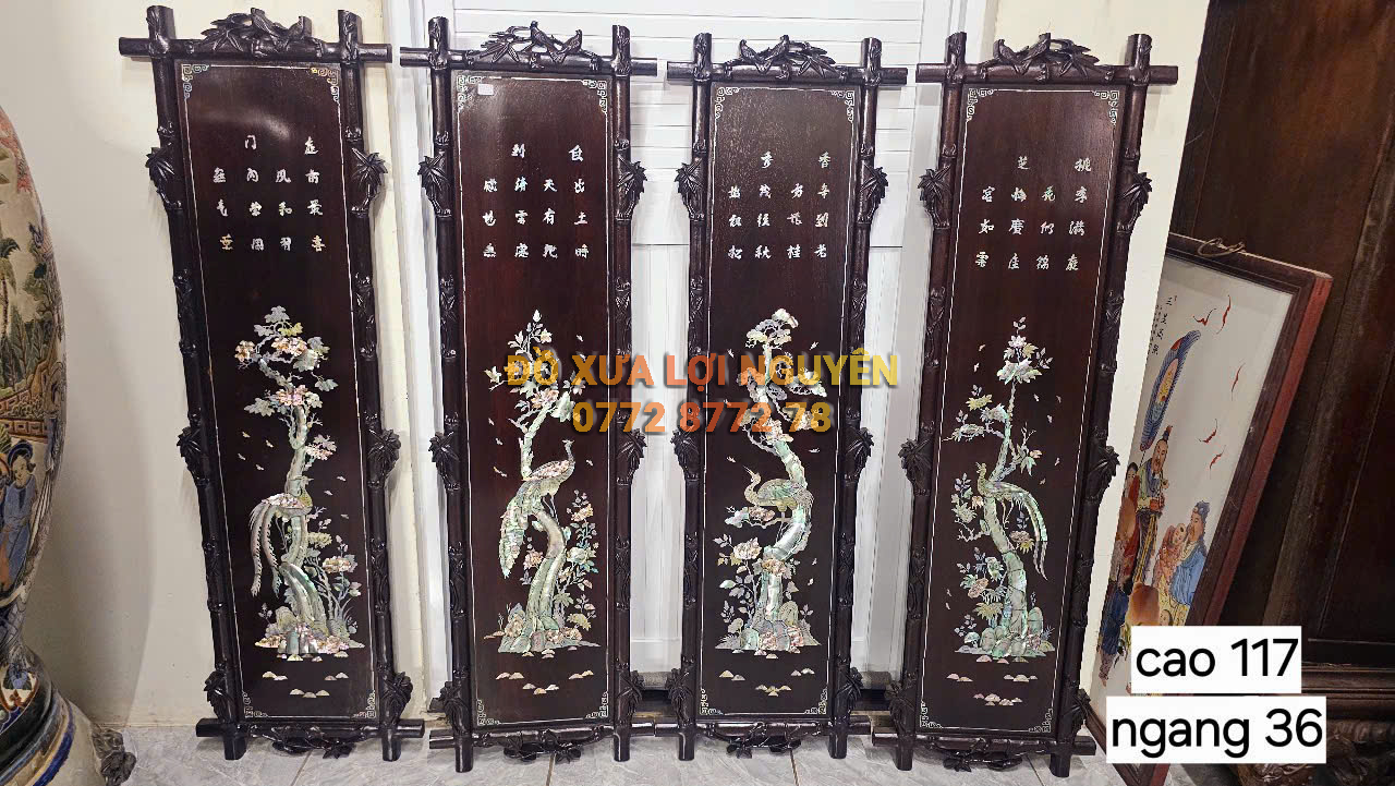 Tranh tứ quý cẩn ốc Singapore, gỗ gõ mật