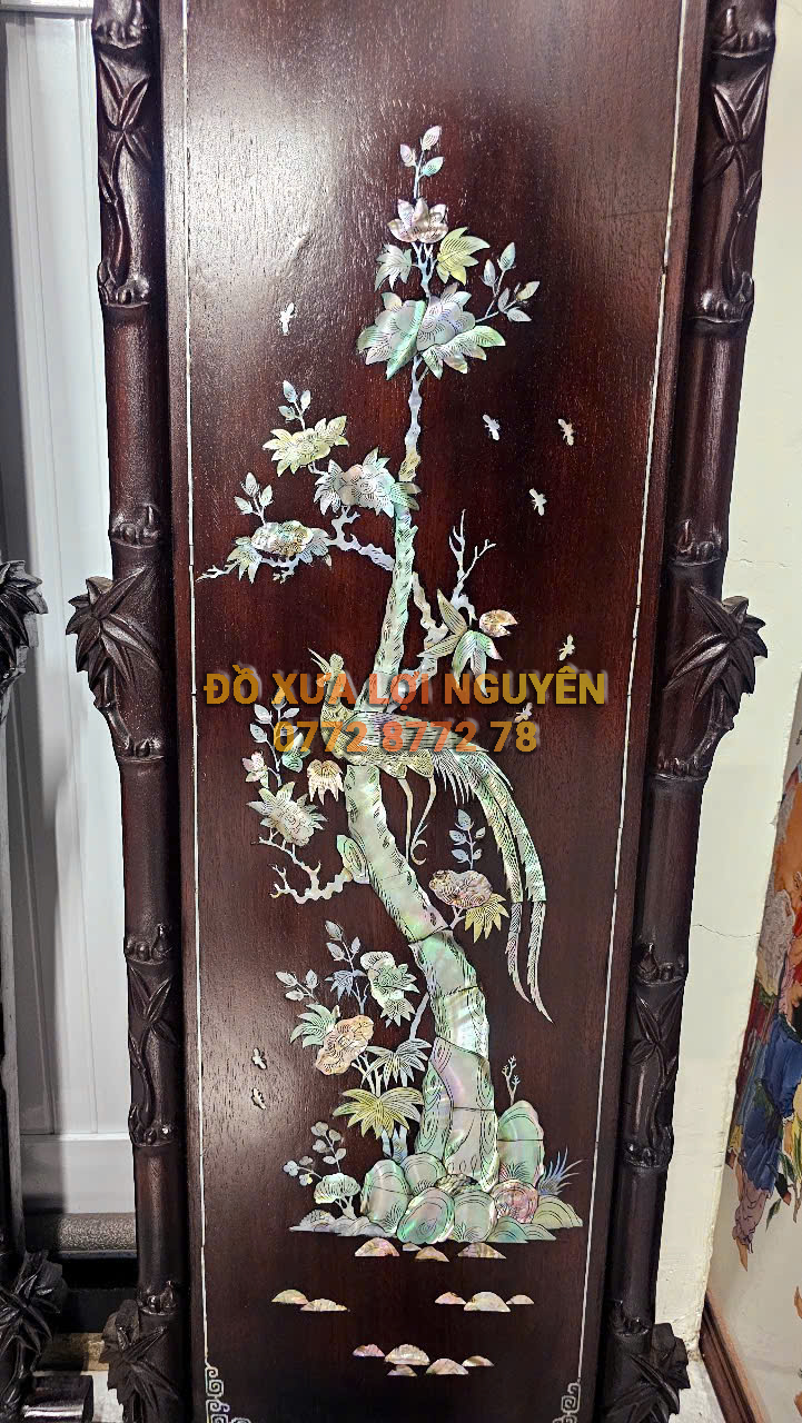 Tranh tứ quý cẩn ốc Singapore, gỗ gõ mật