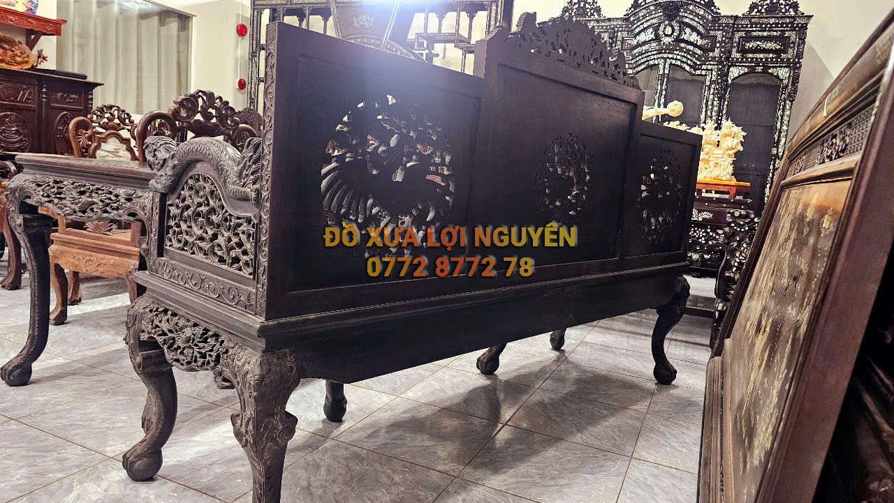 Trường kỷ long phụng, gỗ gõ mật, 3 món, trạm đục sắc nét