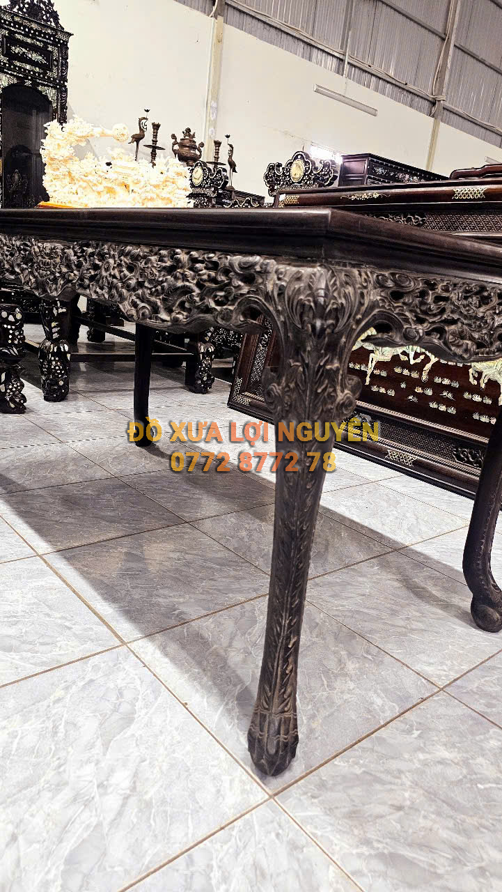 Trường kỷ long phụng, gỗ gõ mật, 3 món, trạm đục sắc nét