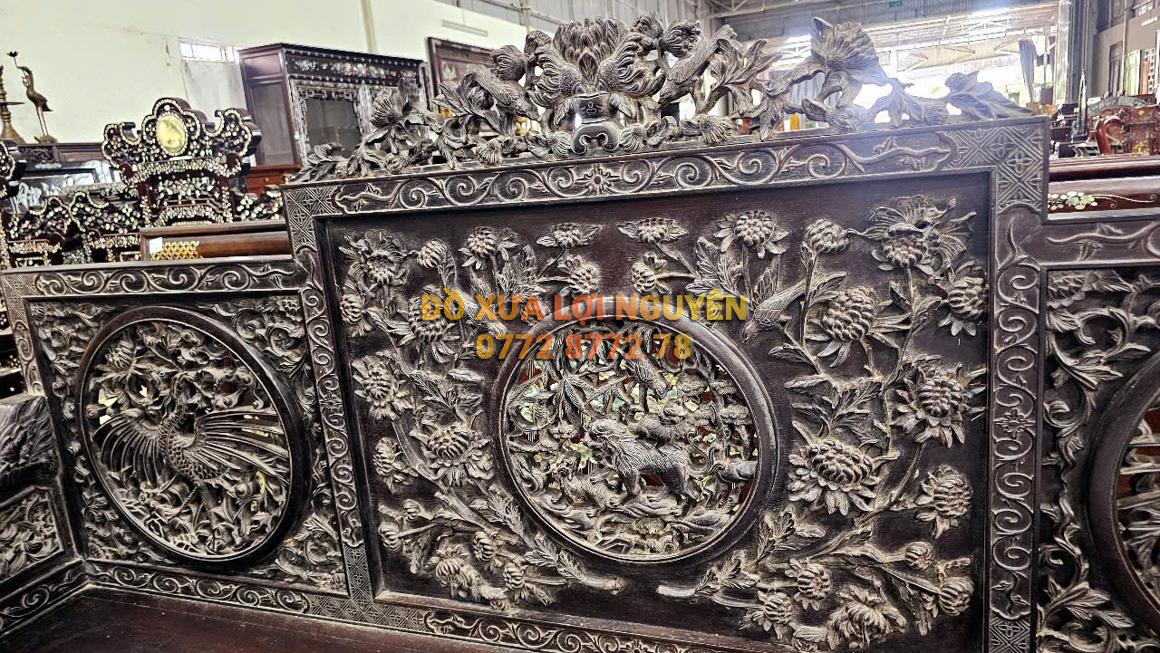 Trường kỷ long phụng, gỗ gõ mật, 3 món, trạm đục sắc nét