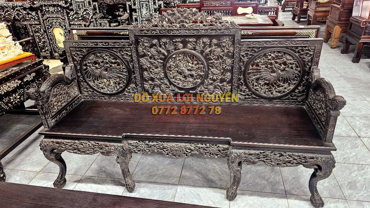 Trường kỷ long phụng, gỗ gõ mật, 3 món, trạm đục sắc nét