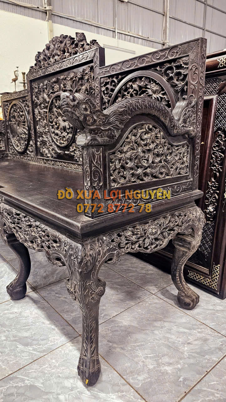 Trường kỷ long phụng, gỗ gõ mật, 3 món, trạm đục sắc nét