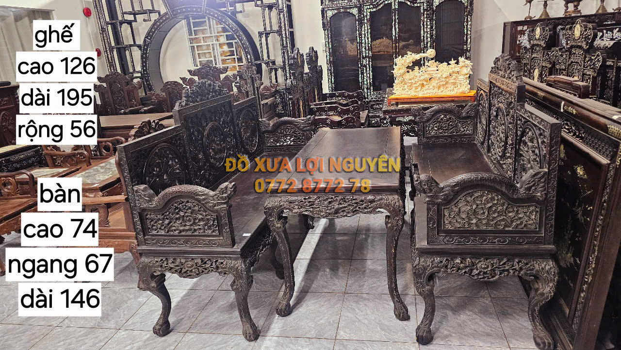 Trường kỷ long phụng, gỗ gõ mật, 3 món, trạm đục sắc nét