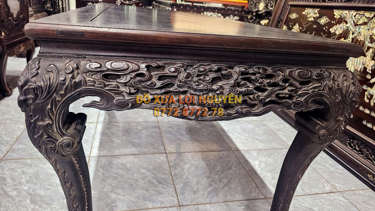 Trường kỷ long phụng, gỗ gõ mật, 3 món, trạm đục sắc nét