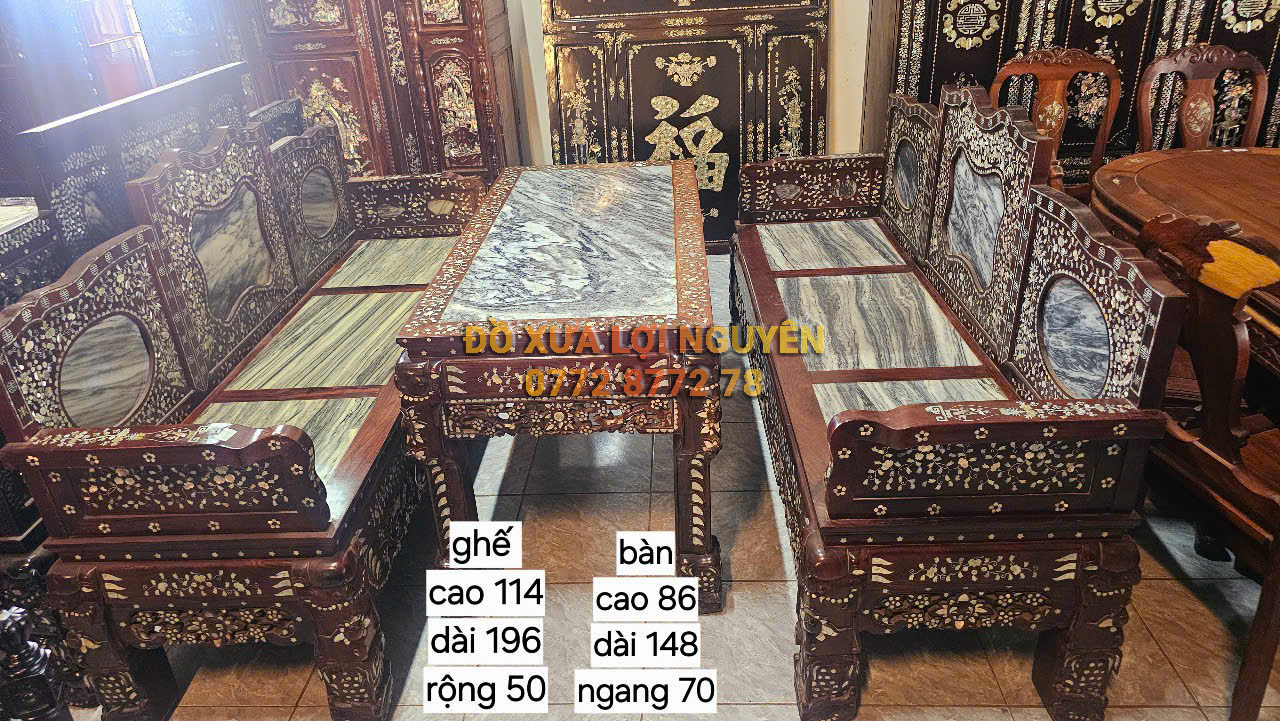 Trường kỷ cẩm lai 3 món, cẩn ốc đẹp