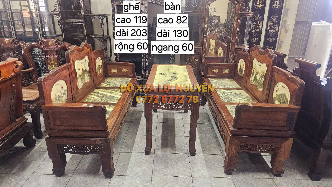 Trường kỷ gỗ cẩm lai xưa 3 món, mặt đá tàu