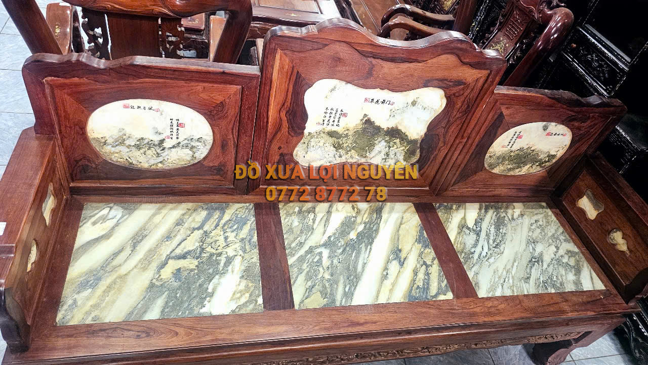 Trường kỷ gỗ cẩm lai xưa 3 món, mặt đá tàu