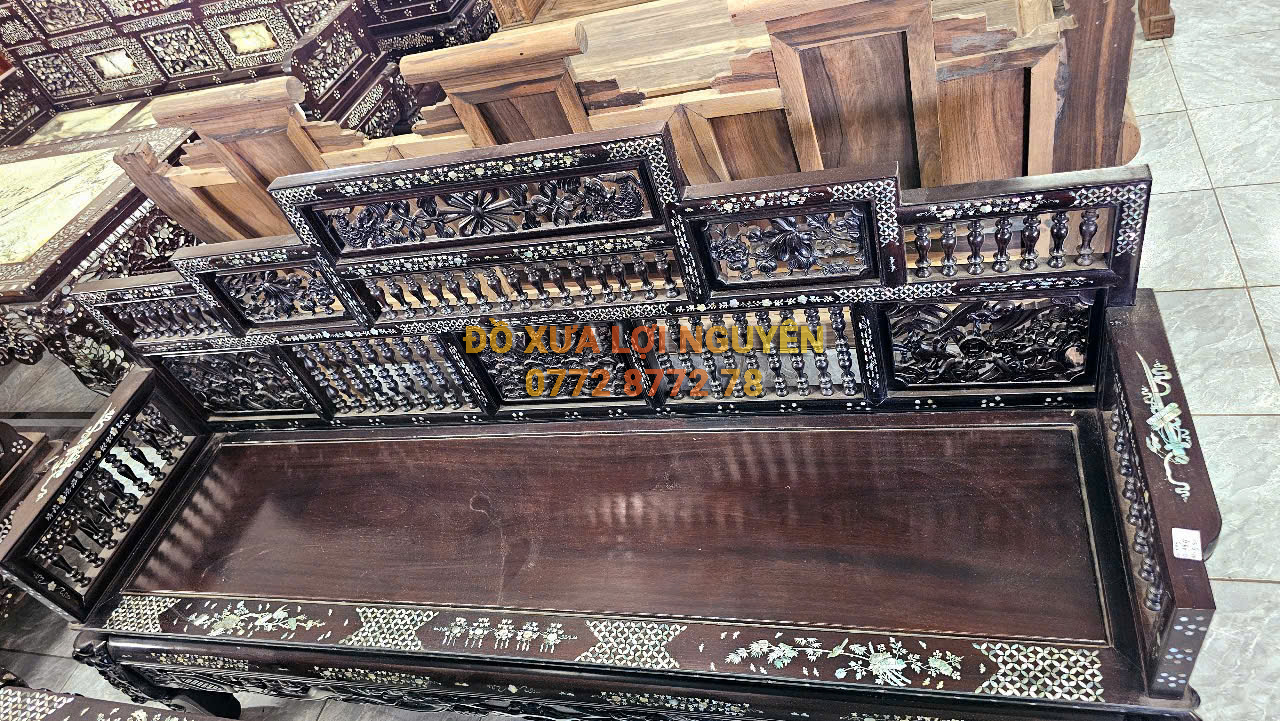 Trường kỷ song tiện ngũ sơn, gỗ gõ mật, cẩn ốc xà cừ