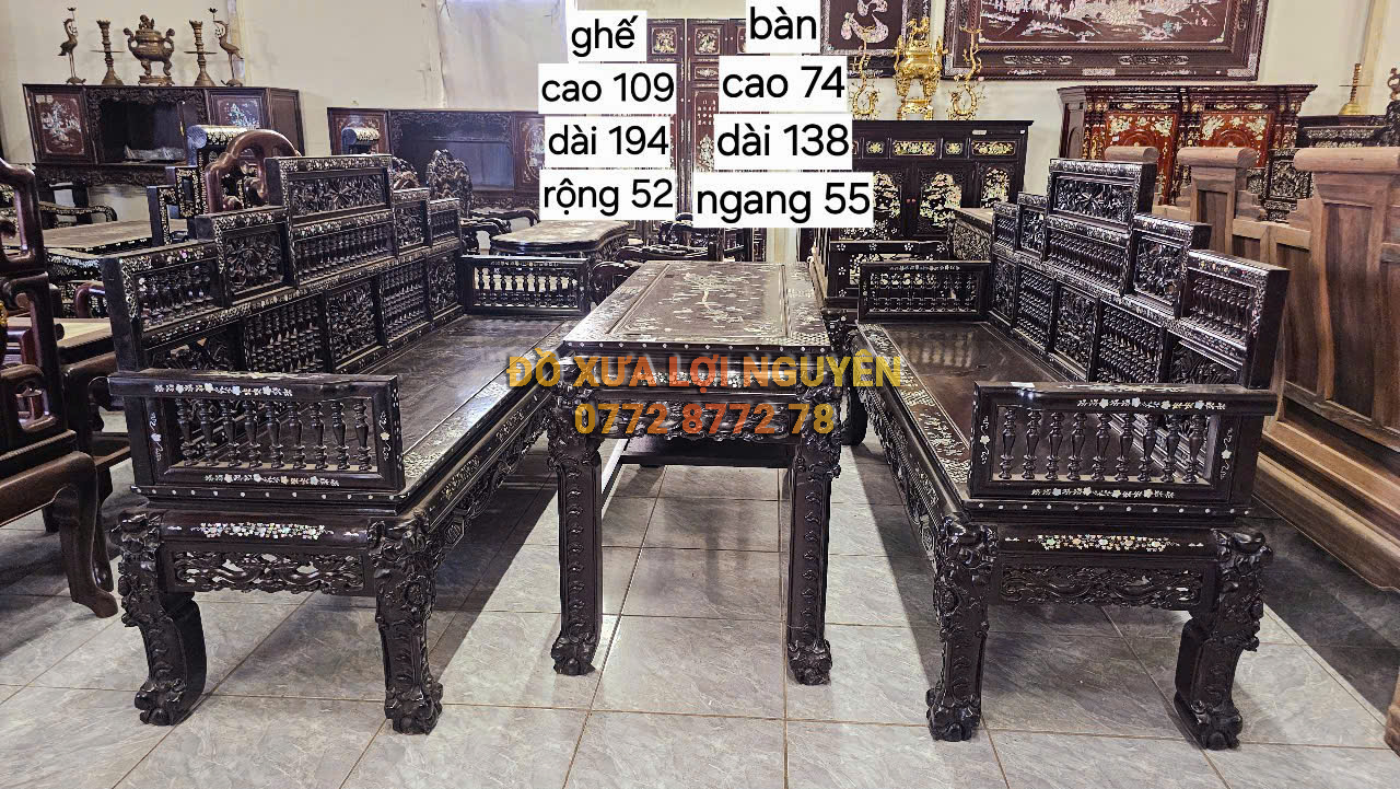 Trường kỷ song tiện ngũ sơn, gỗ gõ mật, cẩn ốc xà cừ