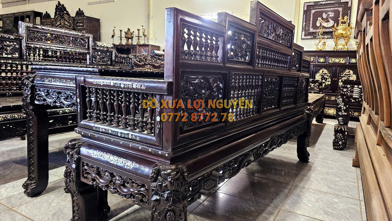 Trường kỷ song tiện ngũ sơn, gỗ gõ mật, cẩn ốc xà cừ