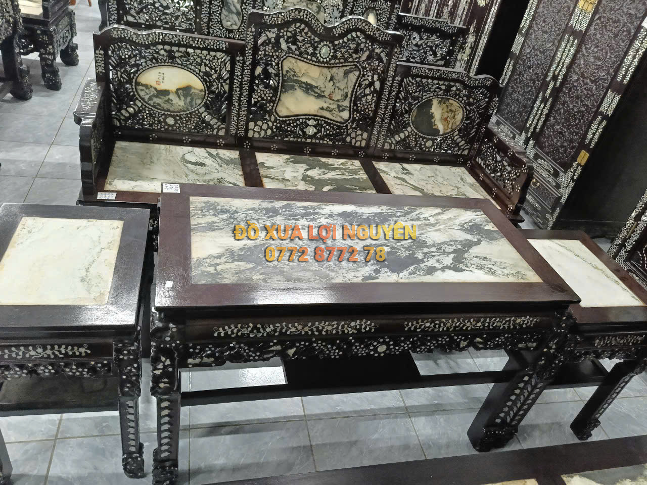 Trường kỷ gỗ gõ mật 5 món, cẩn ốc đẹp, giá hữu nghị