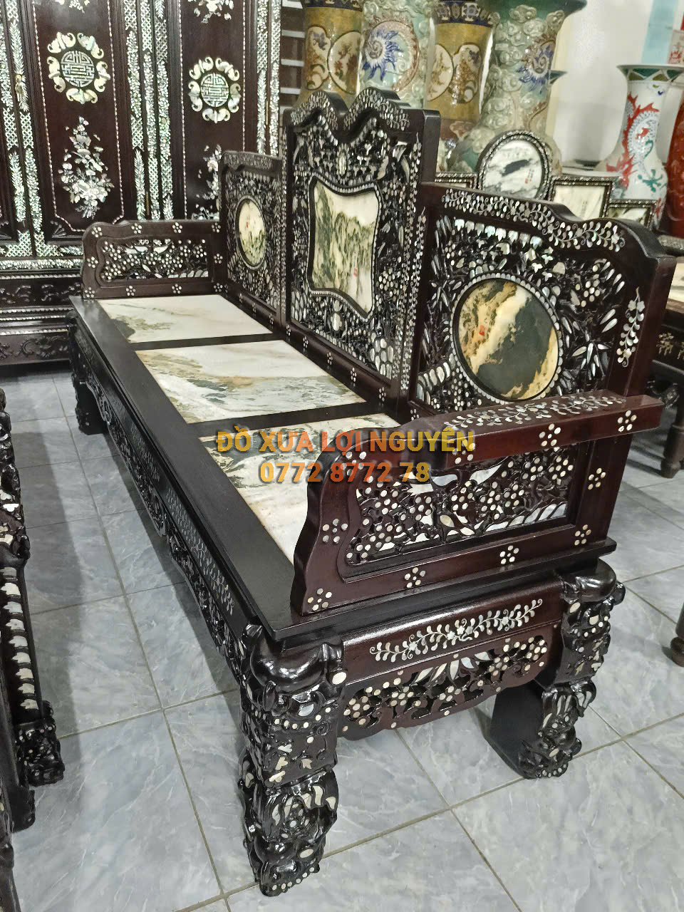 Trường kỷ gỗ gõ mật 5 món, cẩn ốc đẹp, giá hữu nghị