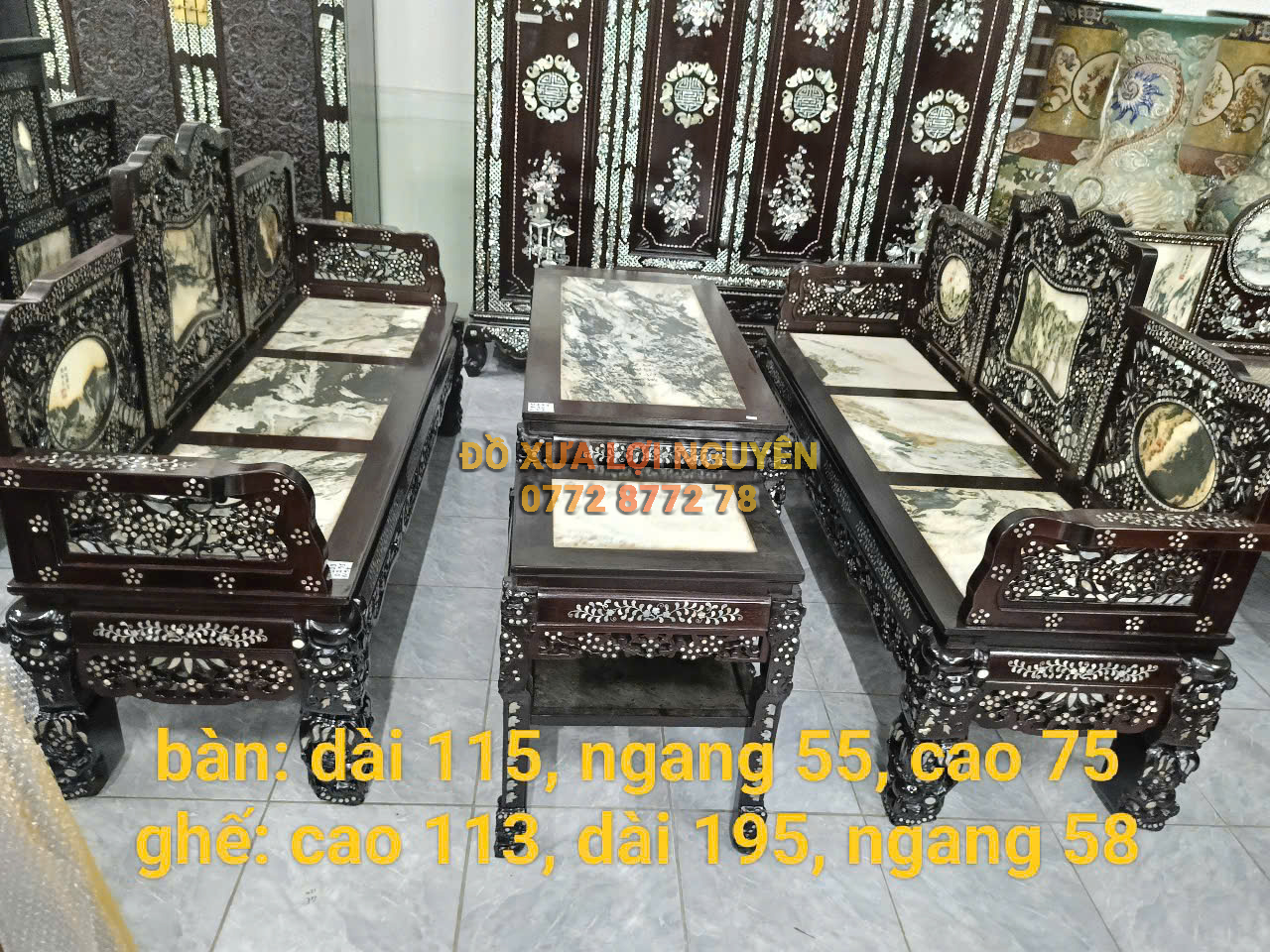 Trường kỷ gỗ gõ mật 5 món, cẩn ốc đẹp, giá hữu nghị