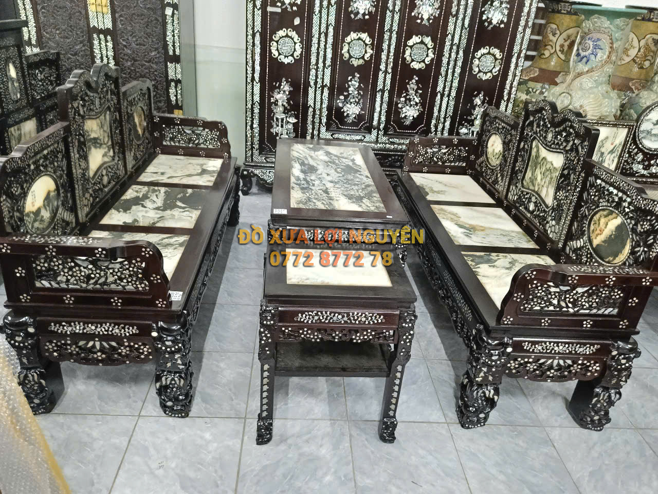 Trường kỷ gỗ gõ mật 5 món, cẩn ốc đẹp, giá hữu nghị