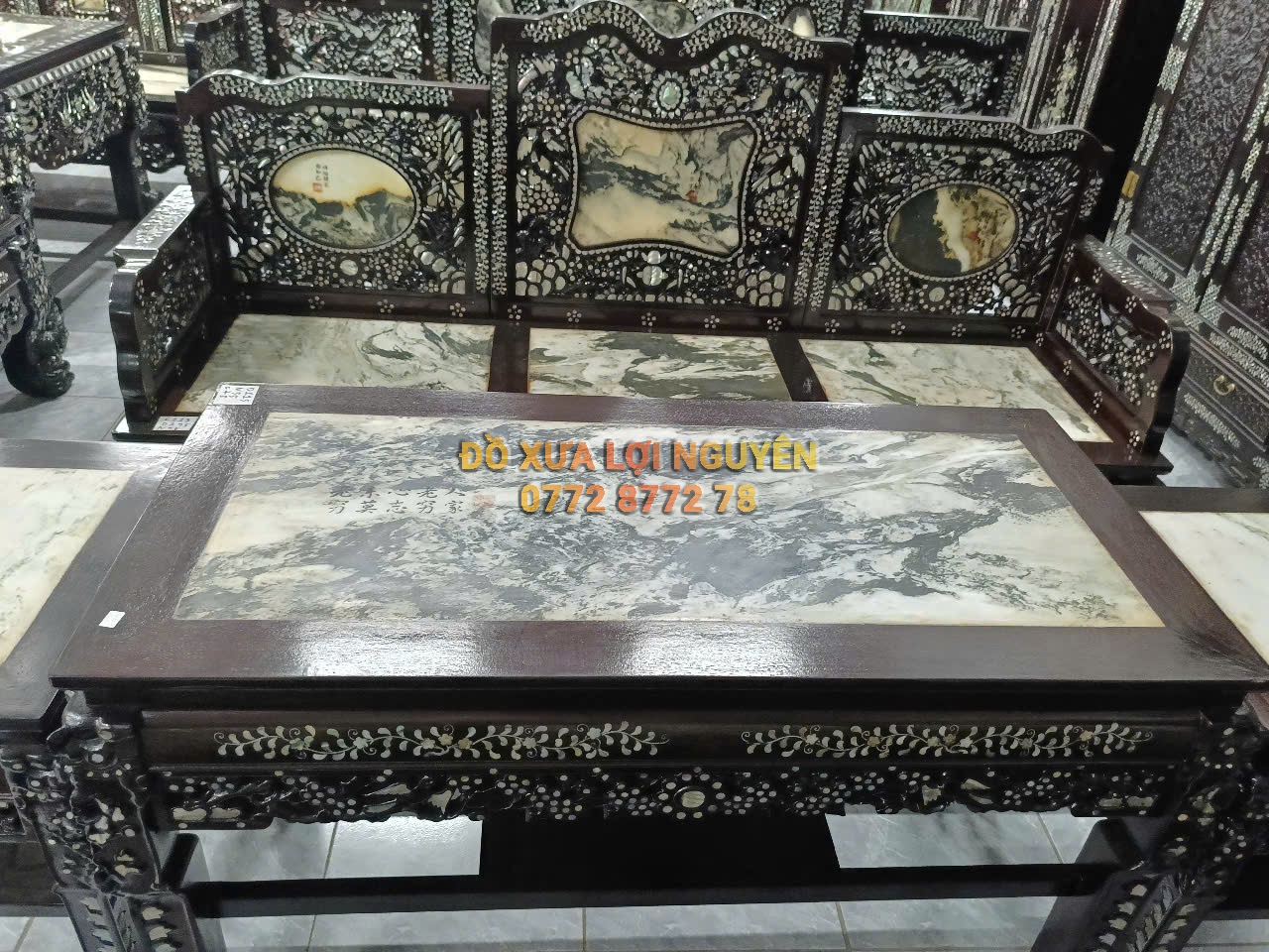 Trường kỷ gỗ gõ mật 5 món, cẩn ốc đẹp, giá hữu nghị