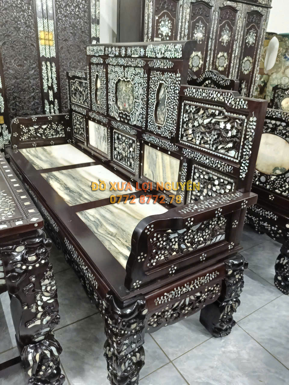 Trường kỷ đại sơn 3 món, gỗ gõ mật, cẩn ốc tứ diện