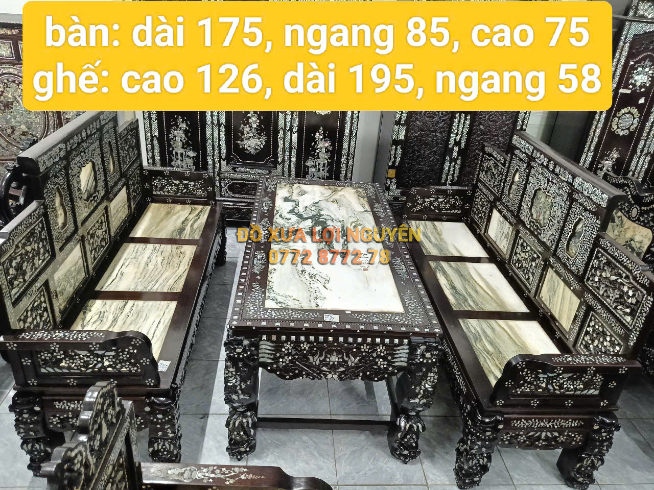 Trường kỷ đại sơn 3 món, gỗ gõ mật, cẩn ốc tứ diện