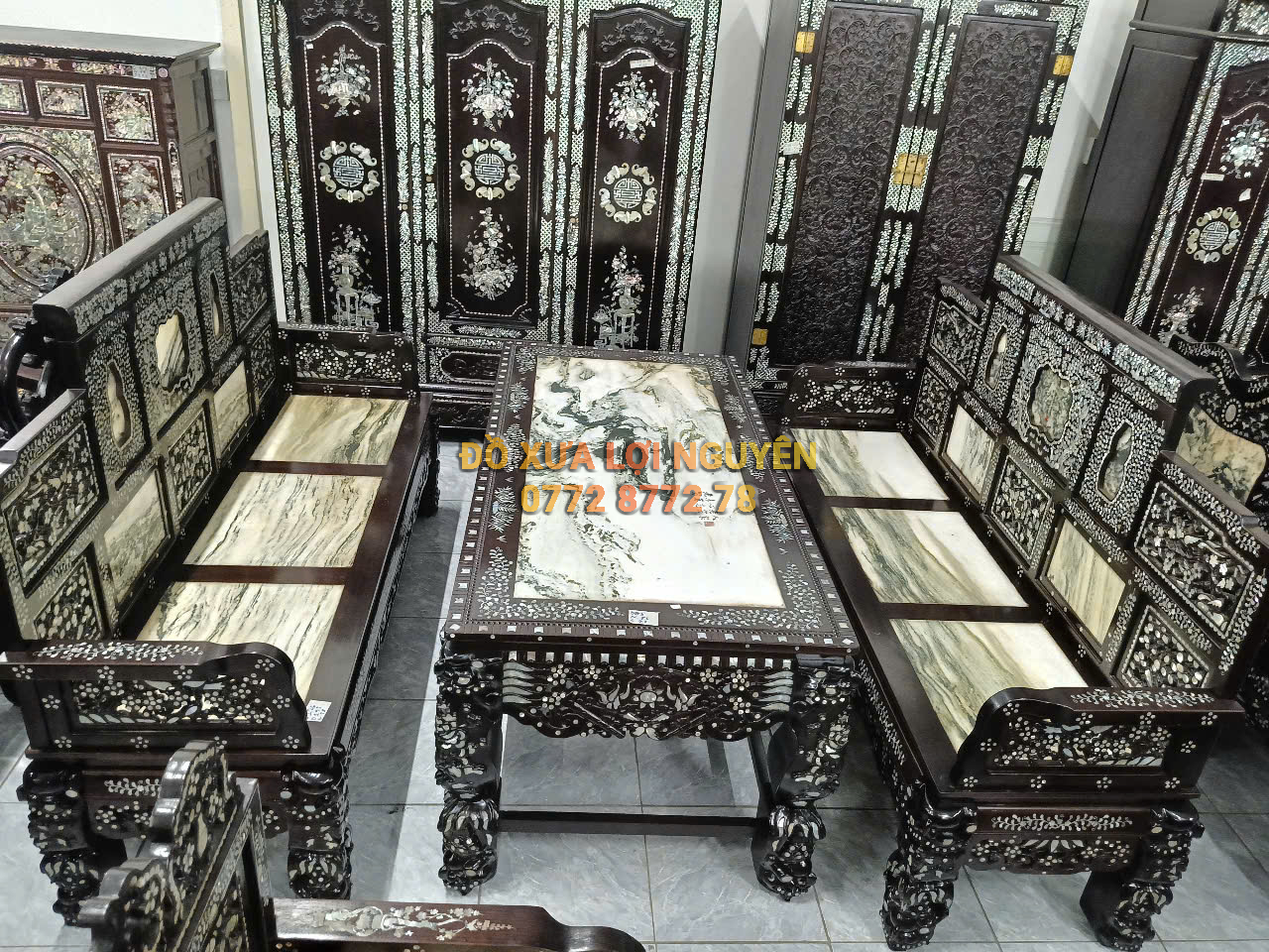 Trường kỷ đại sơn 3 món, gỗ gõ mật, cẩn ốc tứ diện