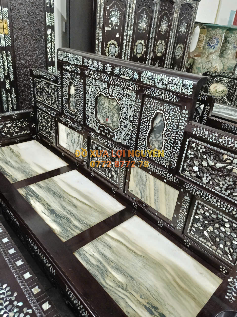 Trường kỷ đại sơn 3 món, gỗ gõ mật, cẩn ốc tứ diện