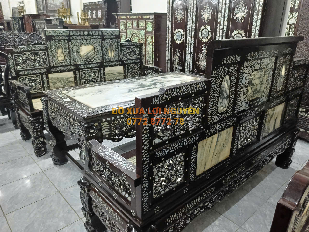 Trường kỷ đại sơn 3 món, gỗ gõ mật, cẩn ốc tứ diện