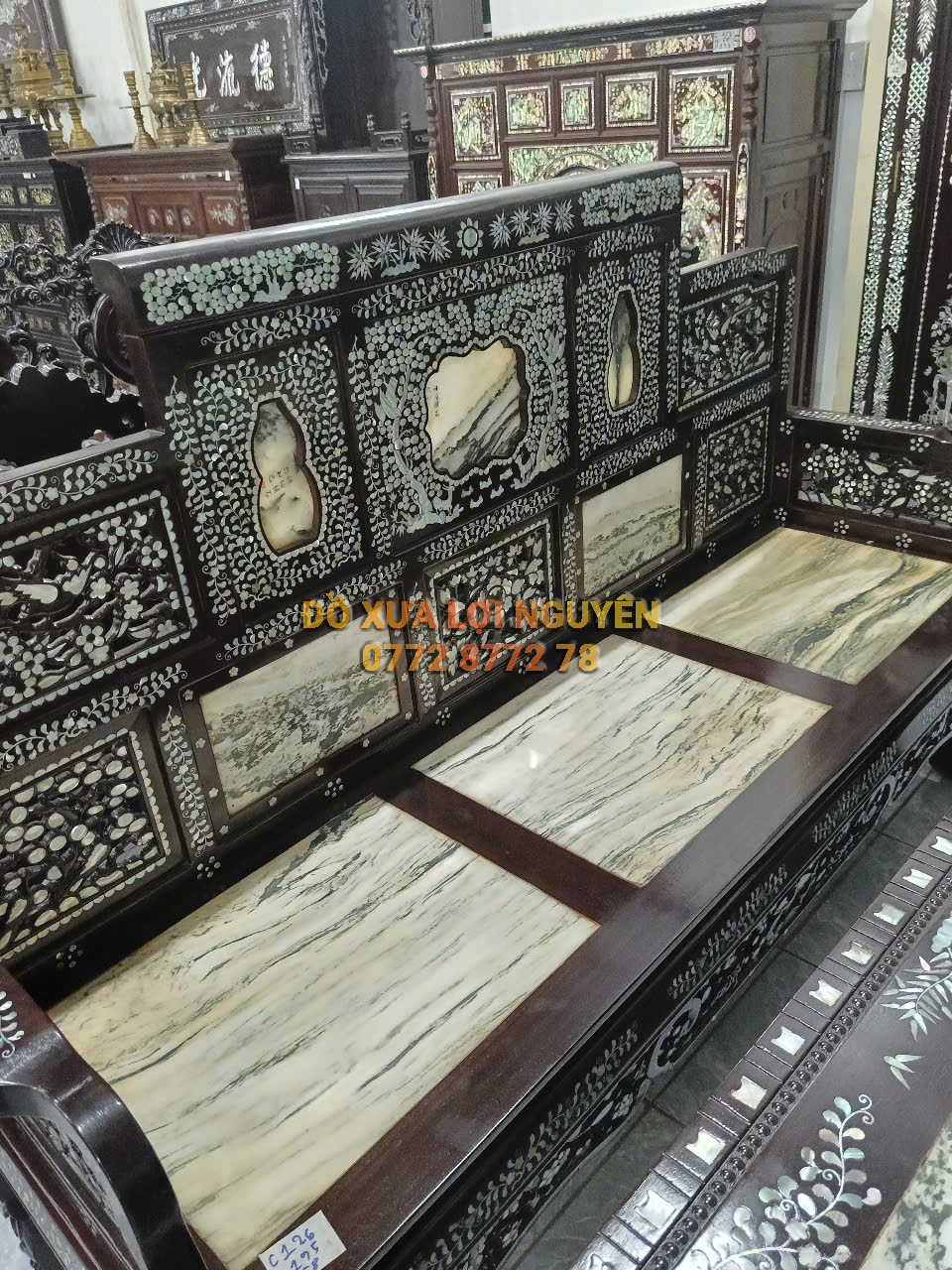 Trường kỷ đại sơn 3 món, gỗ gõ mật, cẩn ốc tứ diện