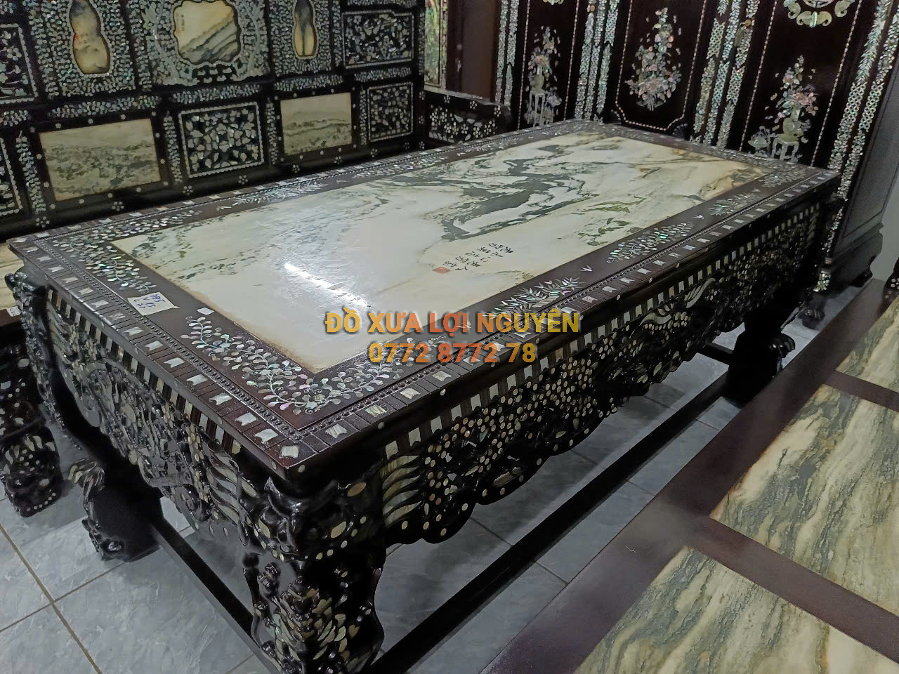 Trường kỷ đại sơn 3 món, gỗ gõ mật, cẩn ốc tứ diện