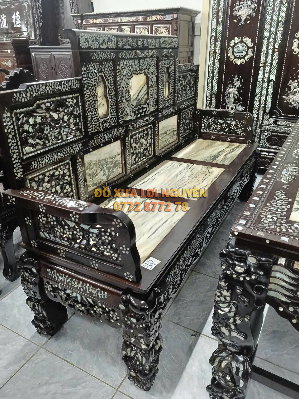 Trường kỷ đại sơn 3 món, gỗ gõ mật, cẩn ốc tứ diện