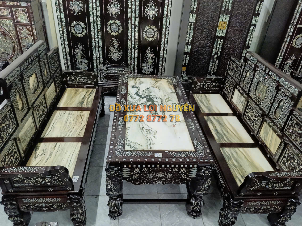 Trường kỷ đại sơn 3 món, gỗ gõ mật, cẩn ốc tứ diện