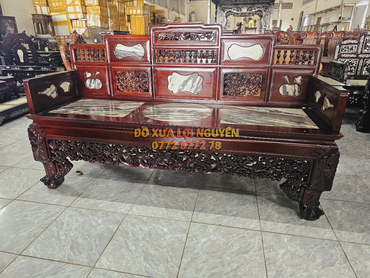 Trường kỷ gỗ gõ mật, mặt đá tàu xưa, 3 món