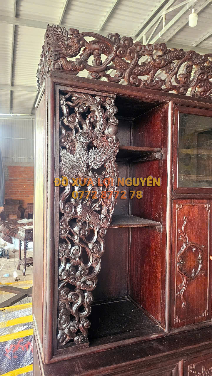 Tủ trạm đục chim phụng hoàng, gỗ gõ mật xưa