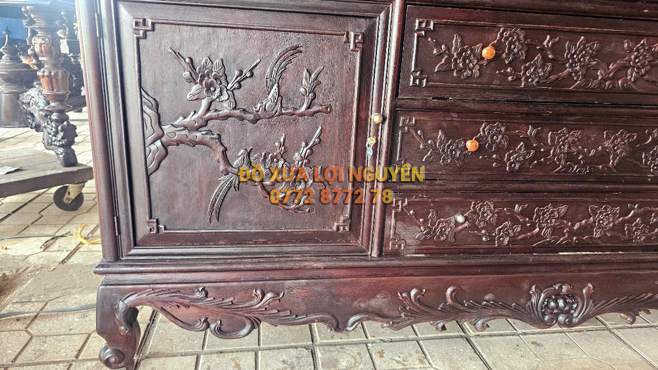 Tủ trạm đục chim phụng hoàng, gỗ gõ mật xưa