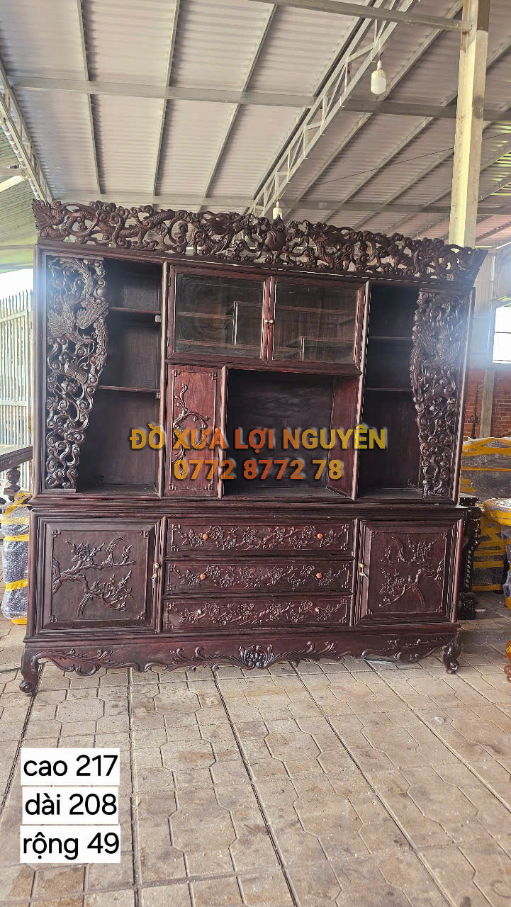 Tủ trạm đục chim phụng hoàng, gỗ gõ mật xưa