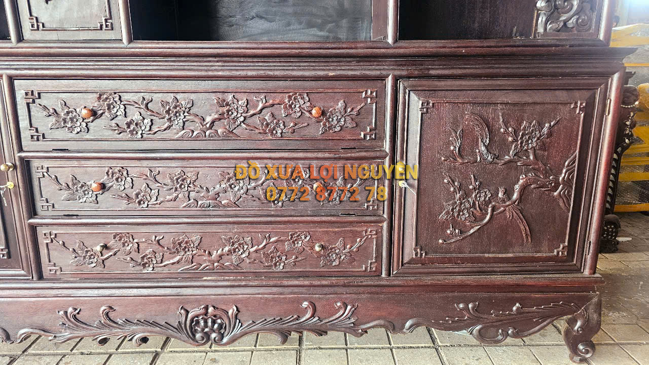 Tủ trạm đục chim phụng hoàng, gỗ gõ mật xưa