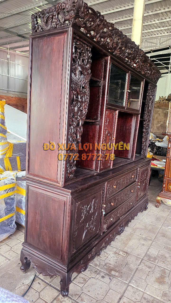 Tủ trạm đục chim phụng hoàng, gỗ gõ mật xưa