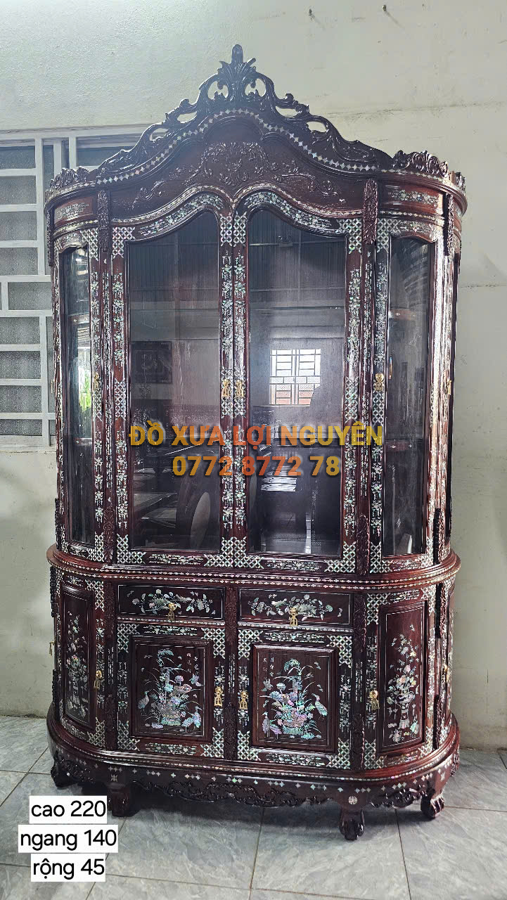 Tủ trưng bày, gỗ cẩm lai, cẩn ốc đỏ siêu vip