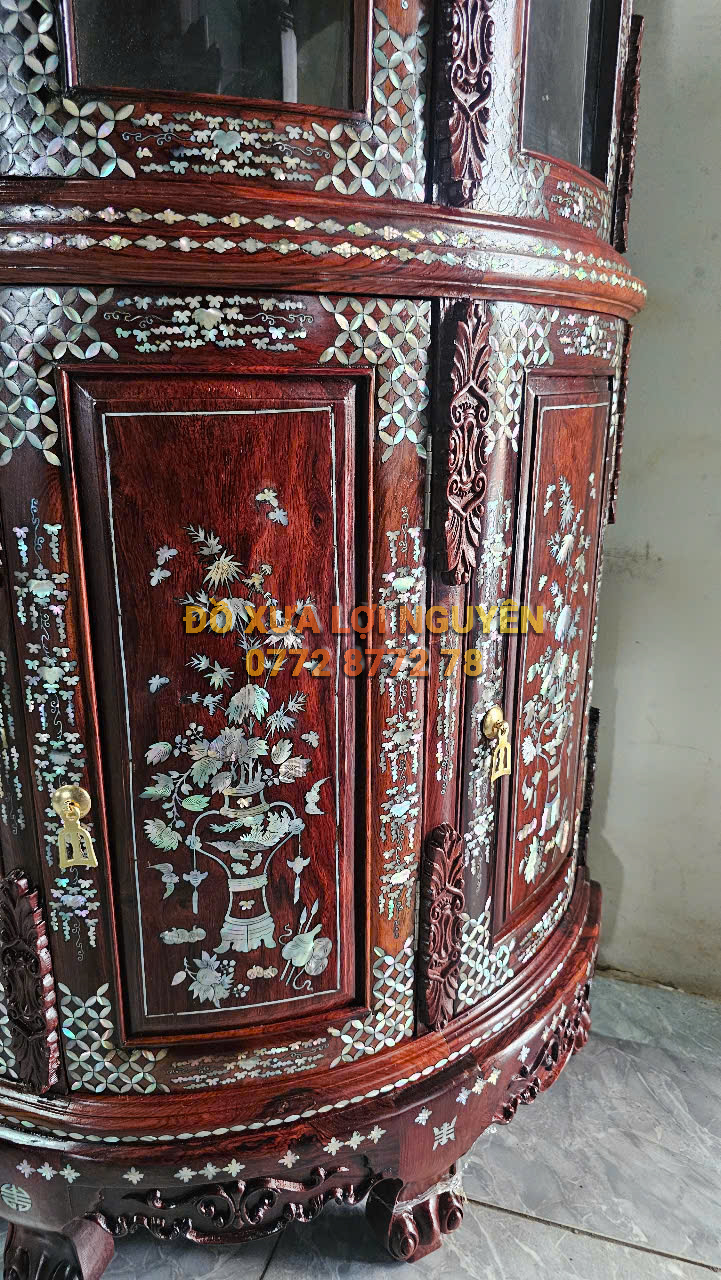 Tủ trưng bày, gỗ cẩm lai, cẩn ốc đỏ siêu vip