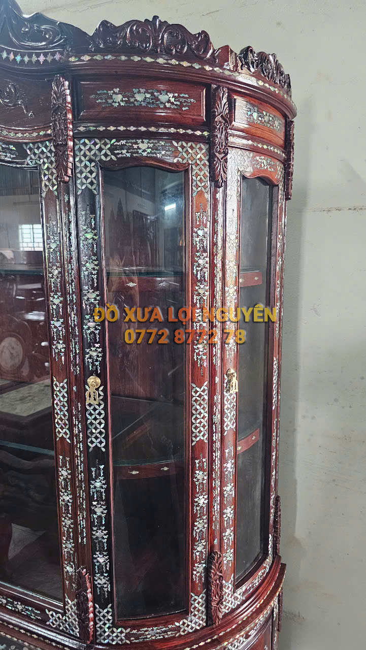 Tủ trưng bày, gỗ cẩm lai, cẩn ốc đỏ siêu vip