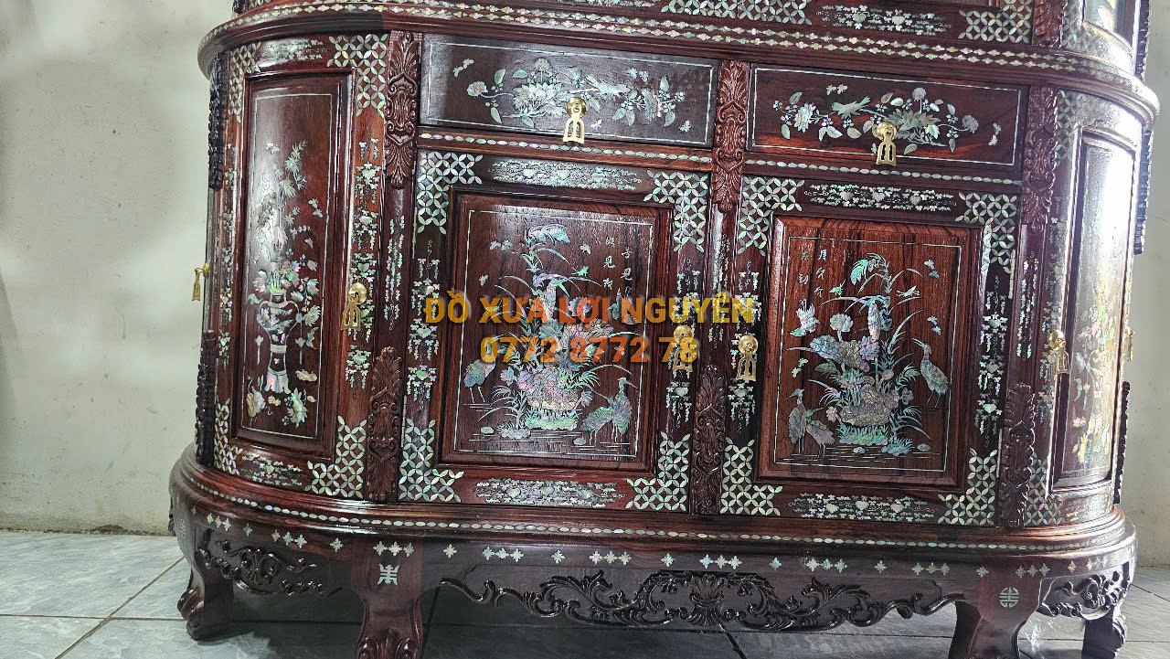 Tủ trưng bày, gỗ cẩm lai, cẩn ốc đỏ siêu vip