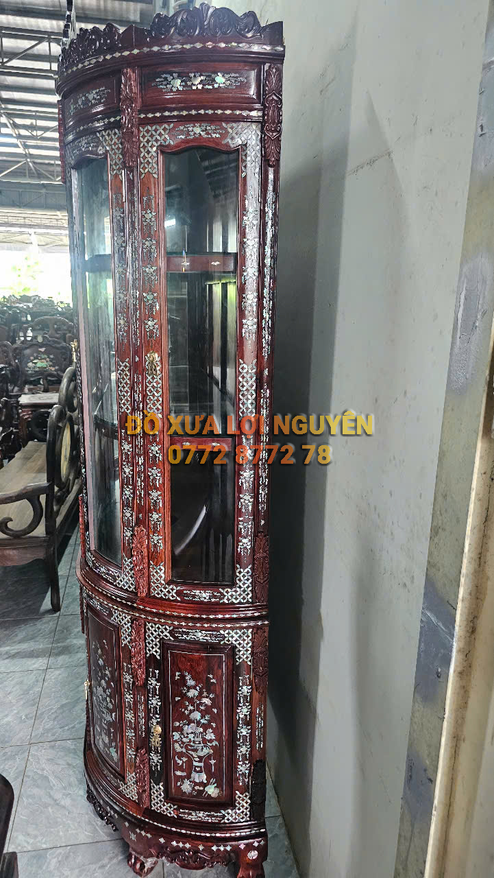 Tủ trưng bày, gỗ cẩm lai, cẩn ốc đỏ siêu vip